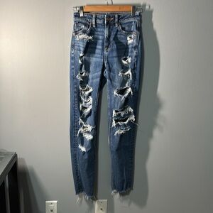 American Eagle Outfitters jeans women’s size 0L 0 long Blue mom Jeans frayed-hem